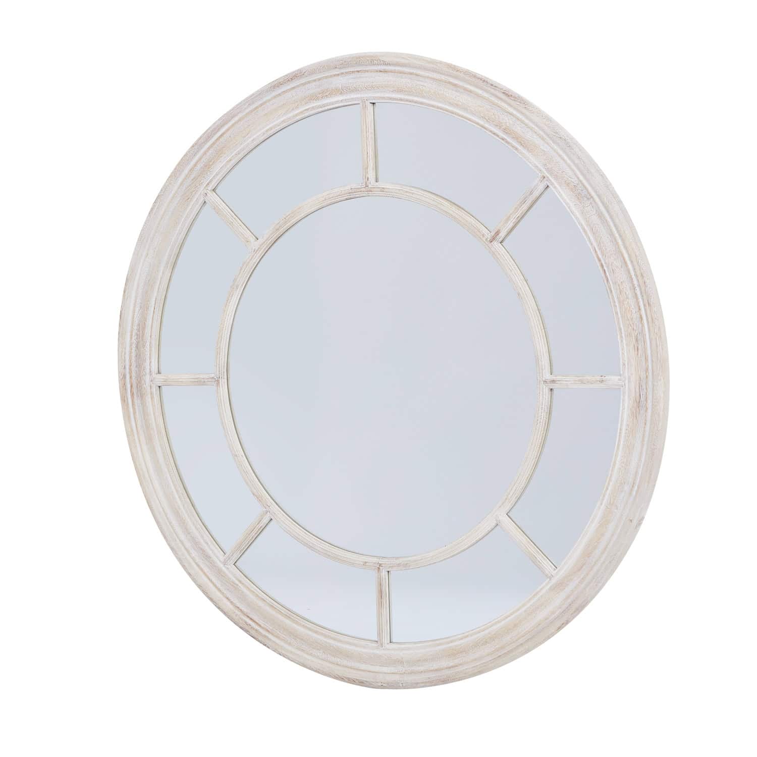 Washed Wood Framed Round Mirror – Colour: Brown