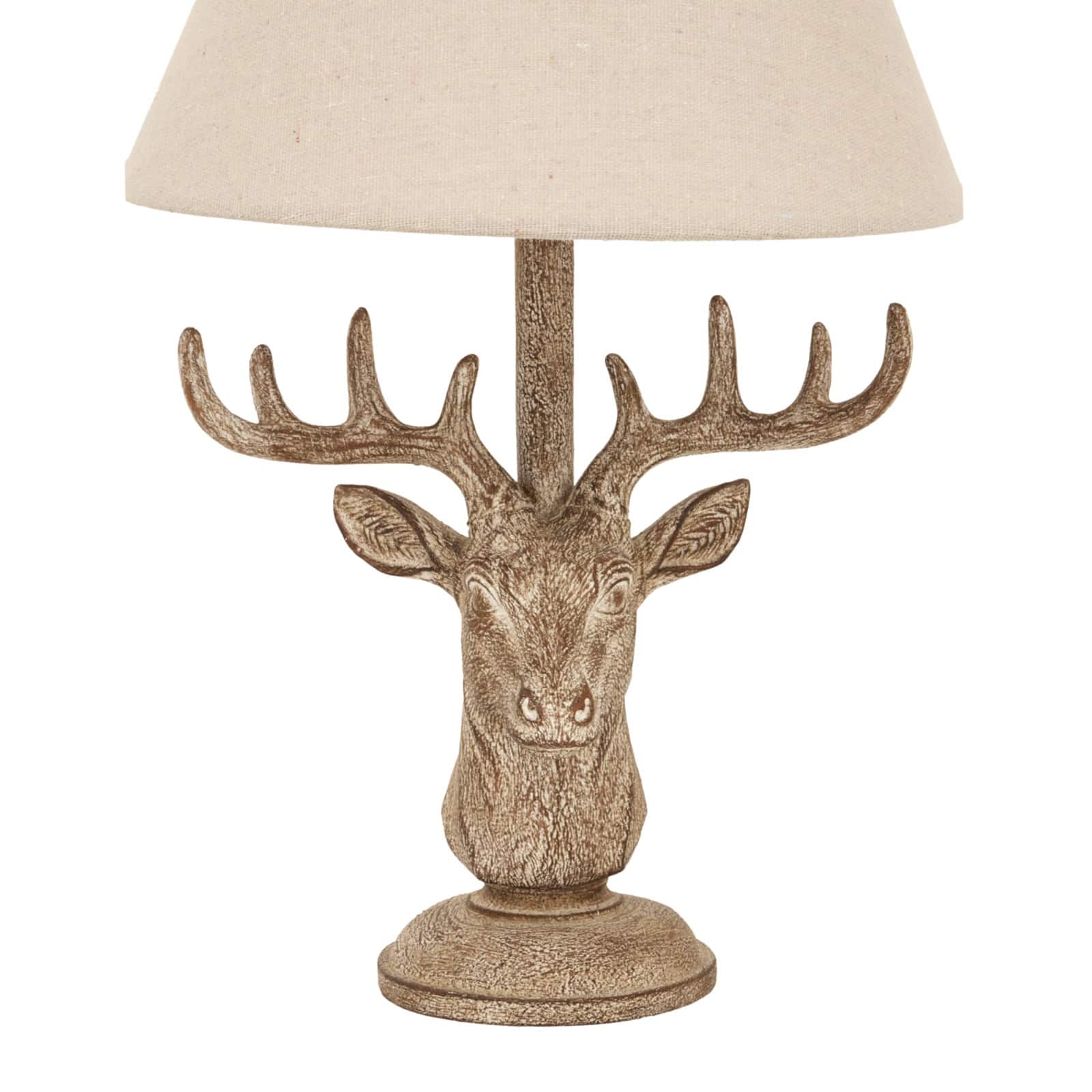 Stonewashed Stag Head Table Lamp With Linen Shade – Colour: Brown