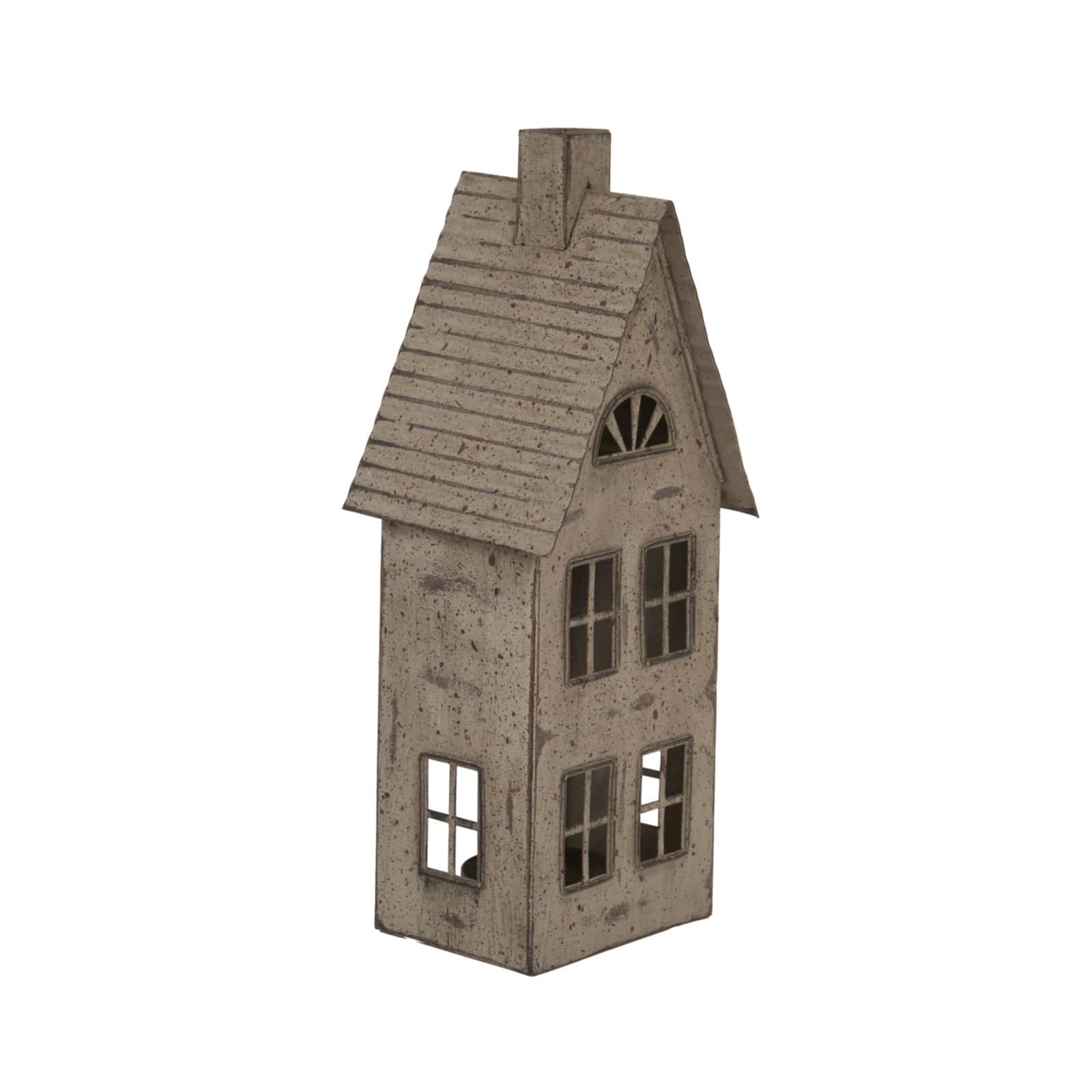 Tall Rustic Metal House Tealight With Glass Votive – Colour: Brown