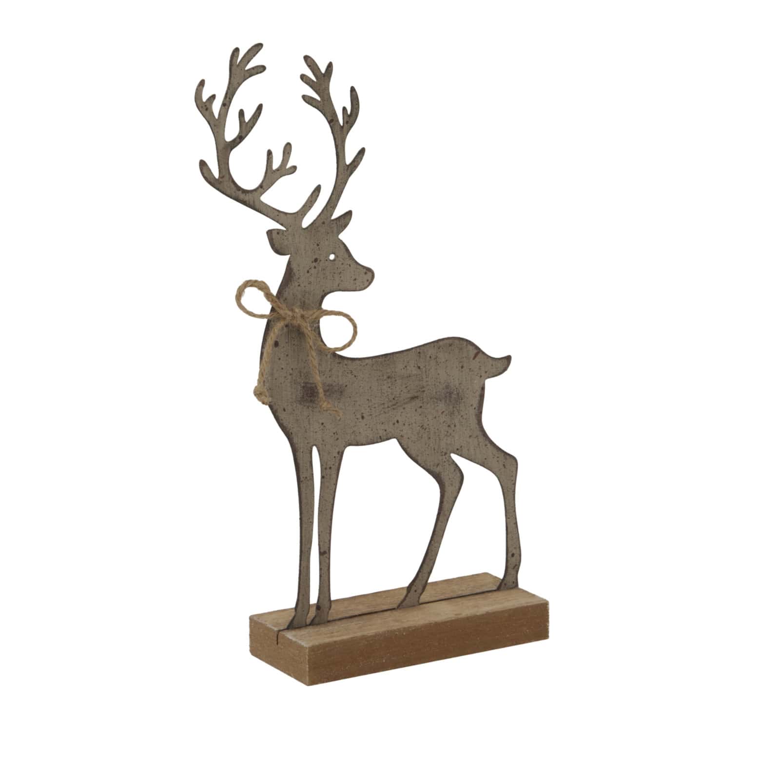 Rustic Metal Reindeer On Wood Stand – Colour: Brown