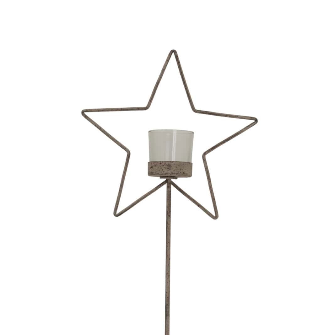 Natural Rustic Star On Wood Stand With Glass Votive – Colour: Brown