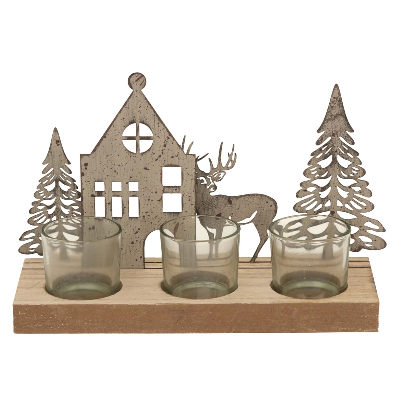 Rustic Metal Scene Tealight On Wood Stand With Glass Votives – Colour: Brown