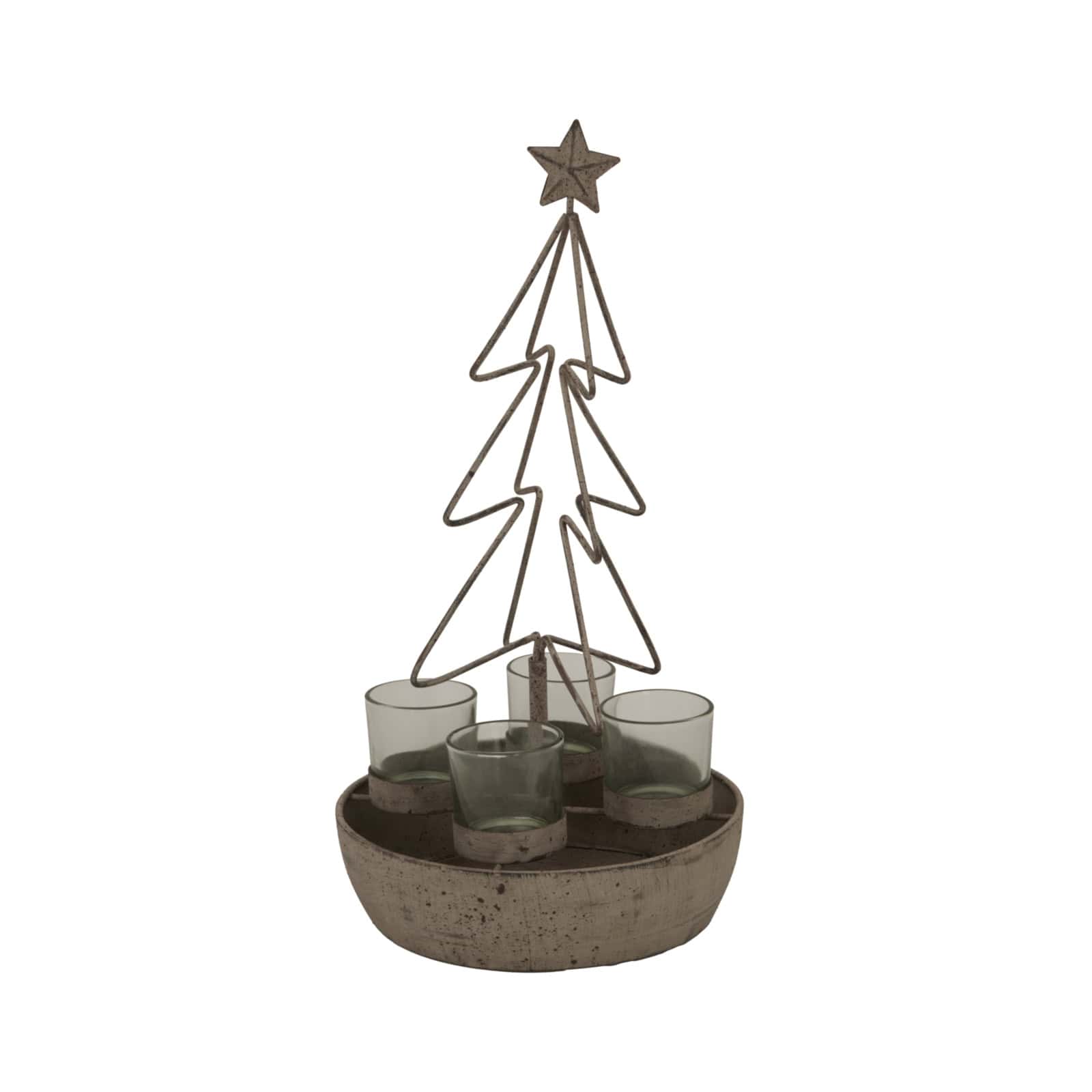 Rustic Outline Tree And Star With Four Glass Votives – Colour: Antique Bronze