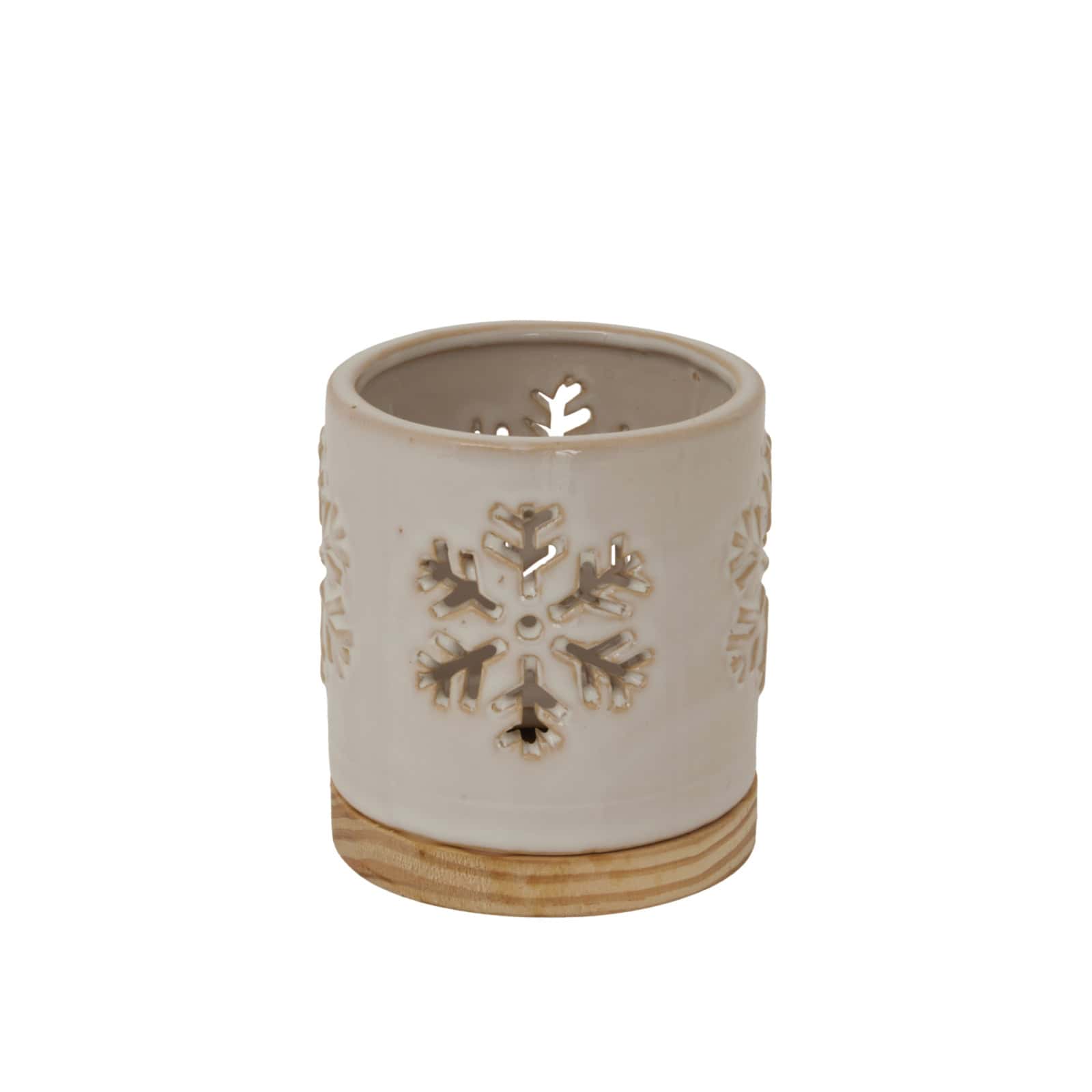 Alora Ceramic Snowflake Candle Holder On Wood Base – Colour: White