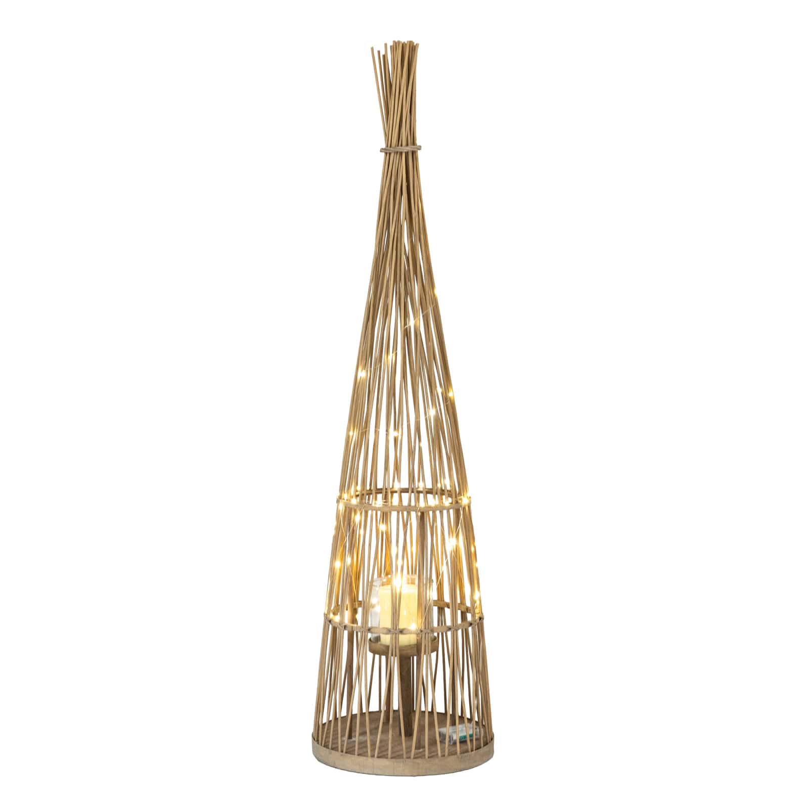 Large Conical Wicker Lantern With Glass Holder & LED Lights – Colour: Brown