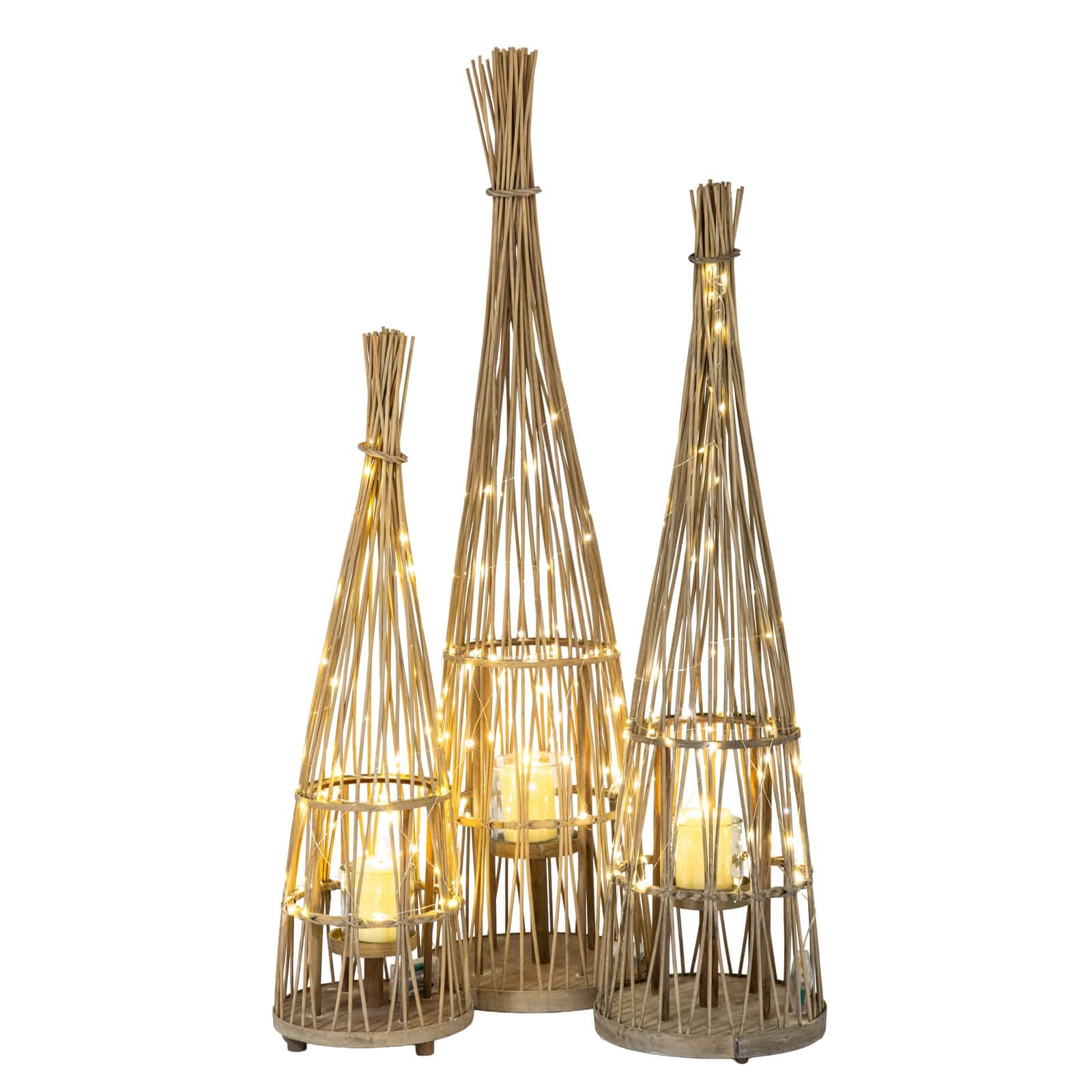 Large Conical Wicker Lantern With Glass Holder & LED Lights – Candle Holders & Lanterns