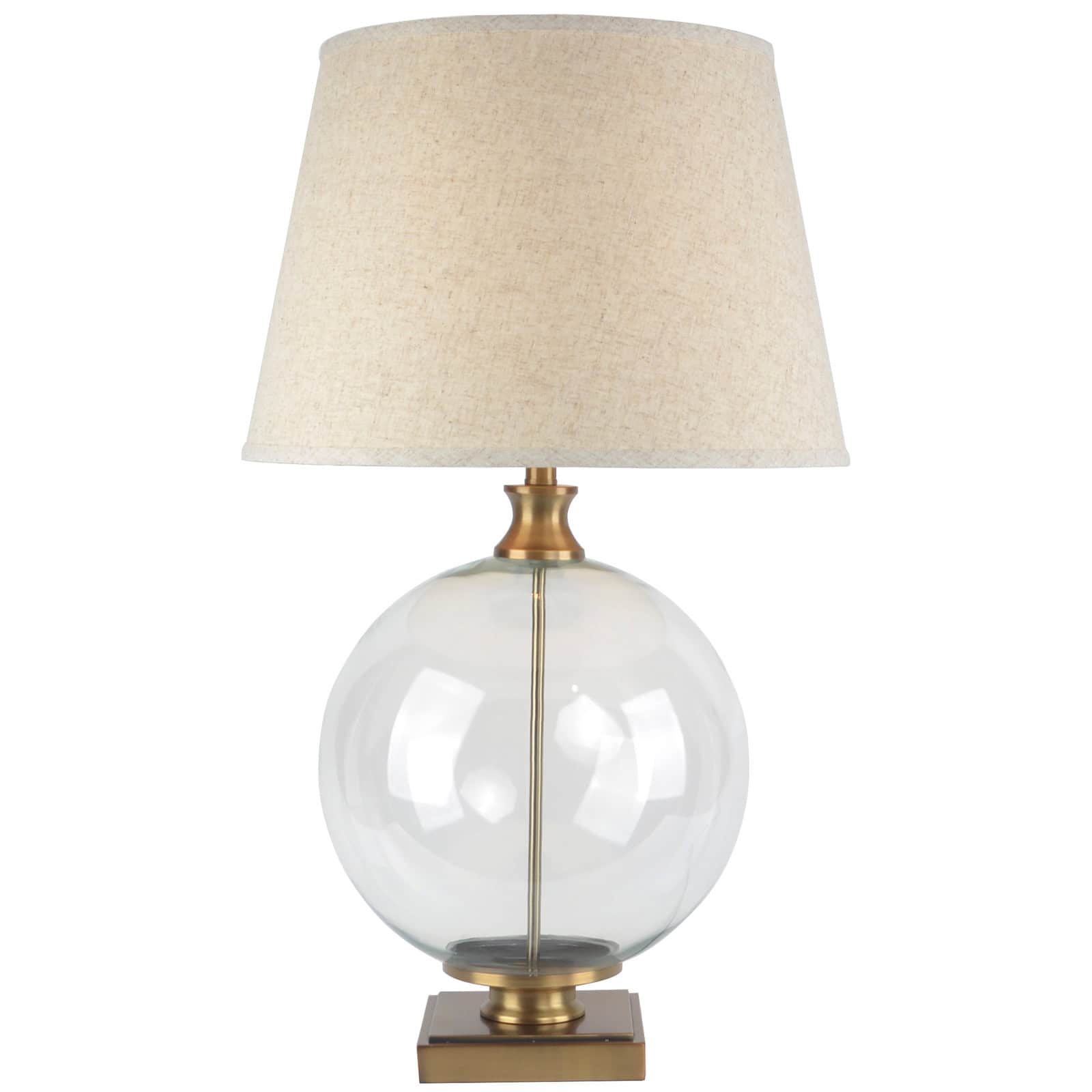 Lunel Glass Orb Table Lamp With Edged Linen Shade – Colour: Brass