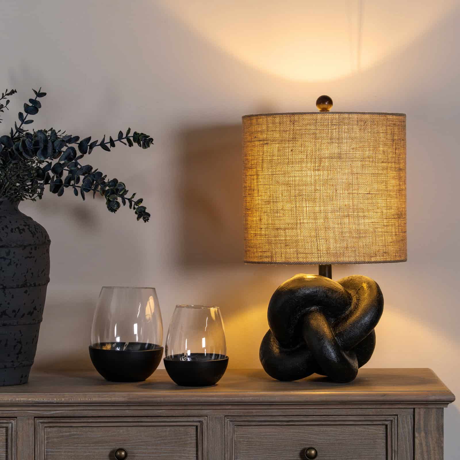 Black Knot Table Lamp With Hessian Shade – Material: Metal