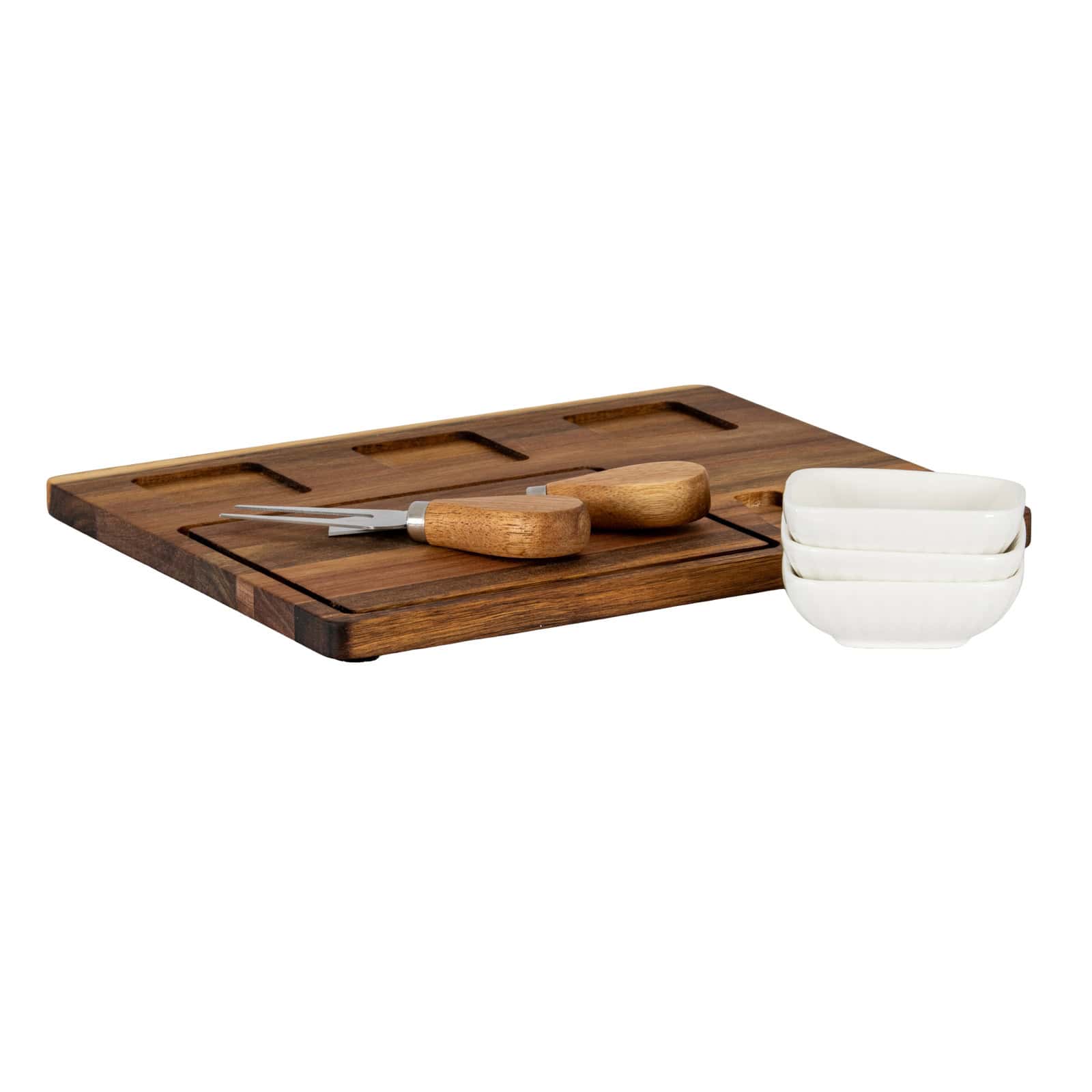 Acacia Cheese Board Set With White Ceramic Bowls And Cutlery – Colour: Brown