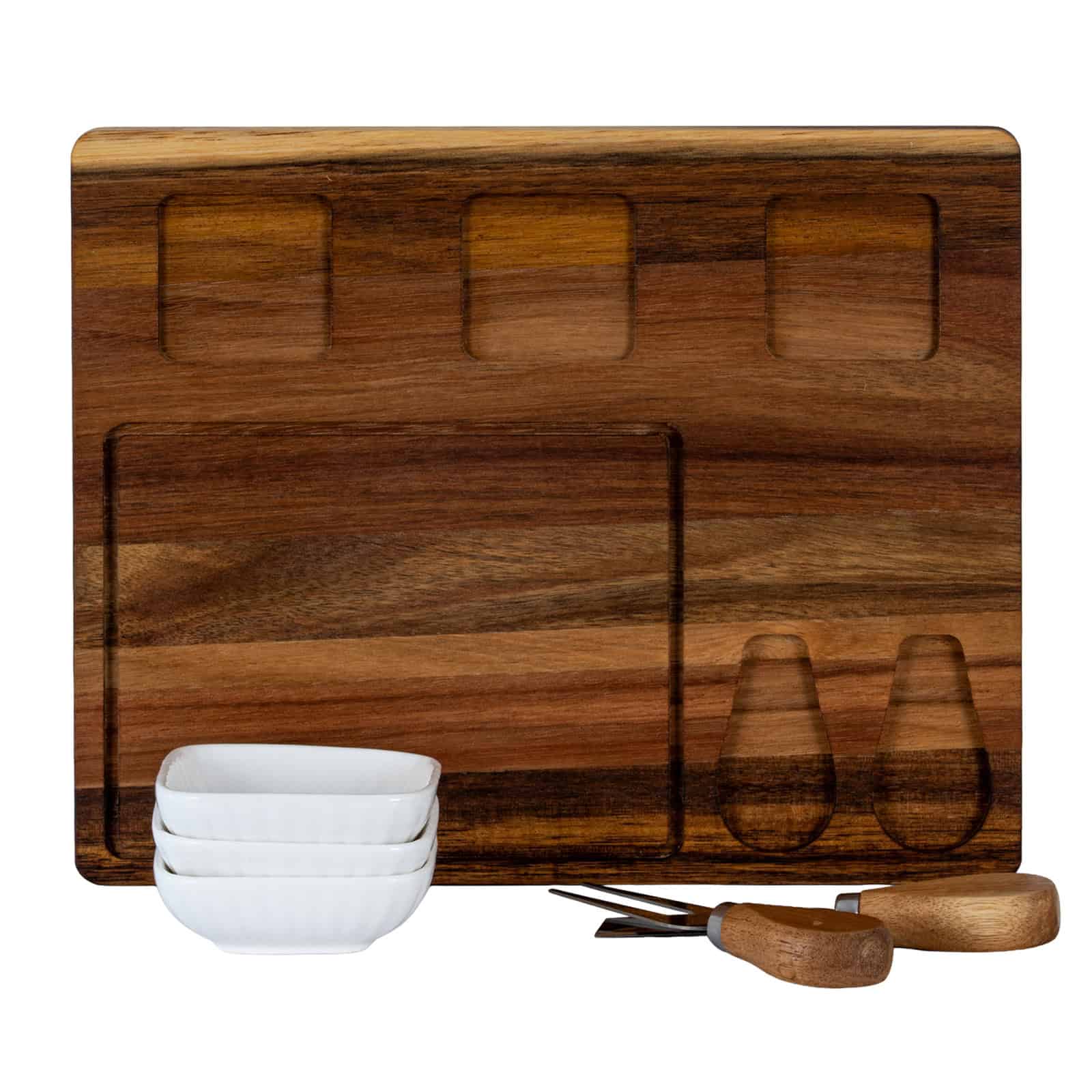 Acacia Cheese Board Set With White Ceramic Bowls And Cutlery – Kitchen & Tableware