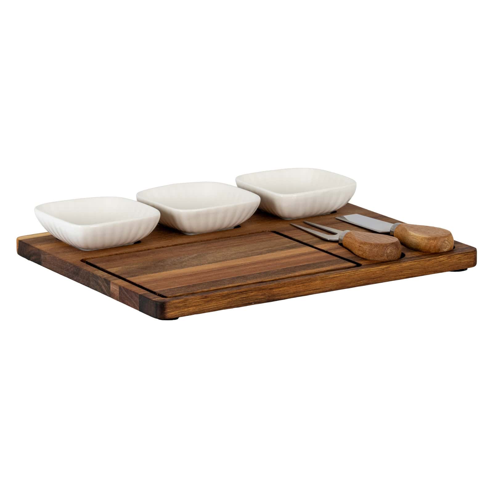 Acacia Cheese Board Set With White Ceramic Bowls And Cutlery – Additional view