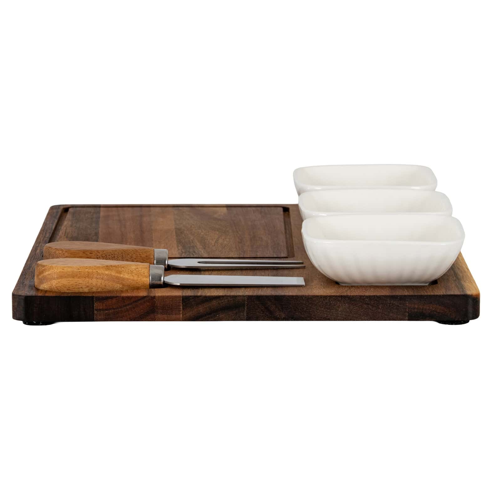 Acacia Cheese Board Set With White Ceramic Bowls And Cutlery – Additional view 2