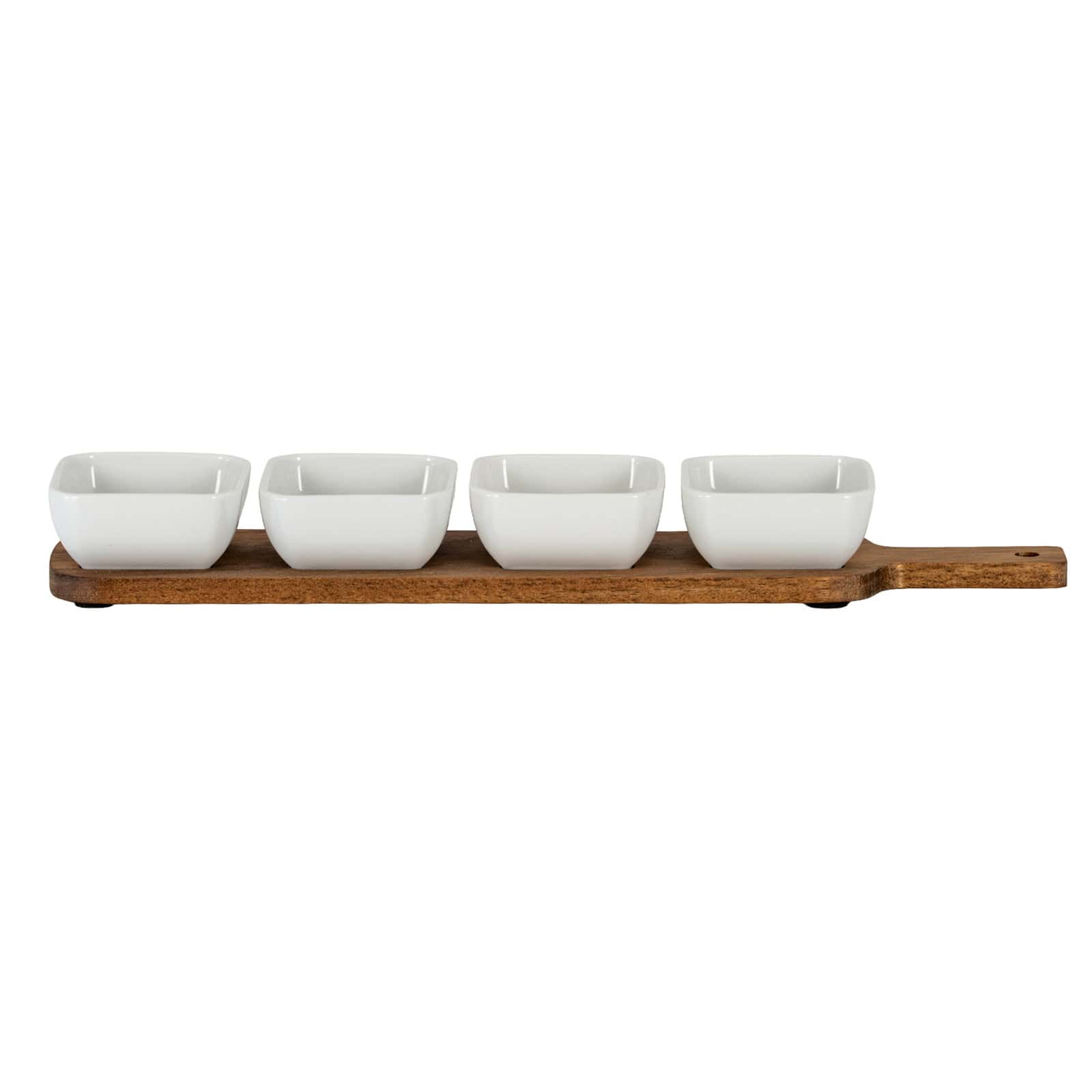 Acacia Serving Board including Four Ceramic Serving Bowls – Colour: Brown
