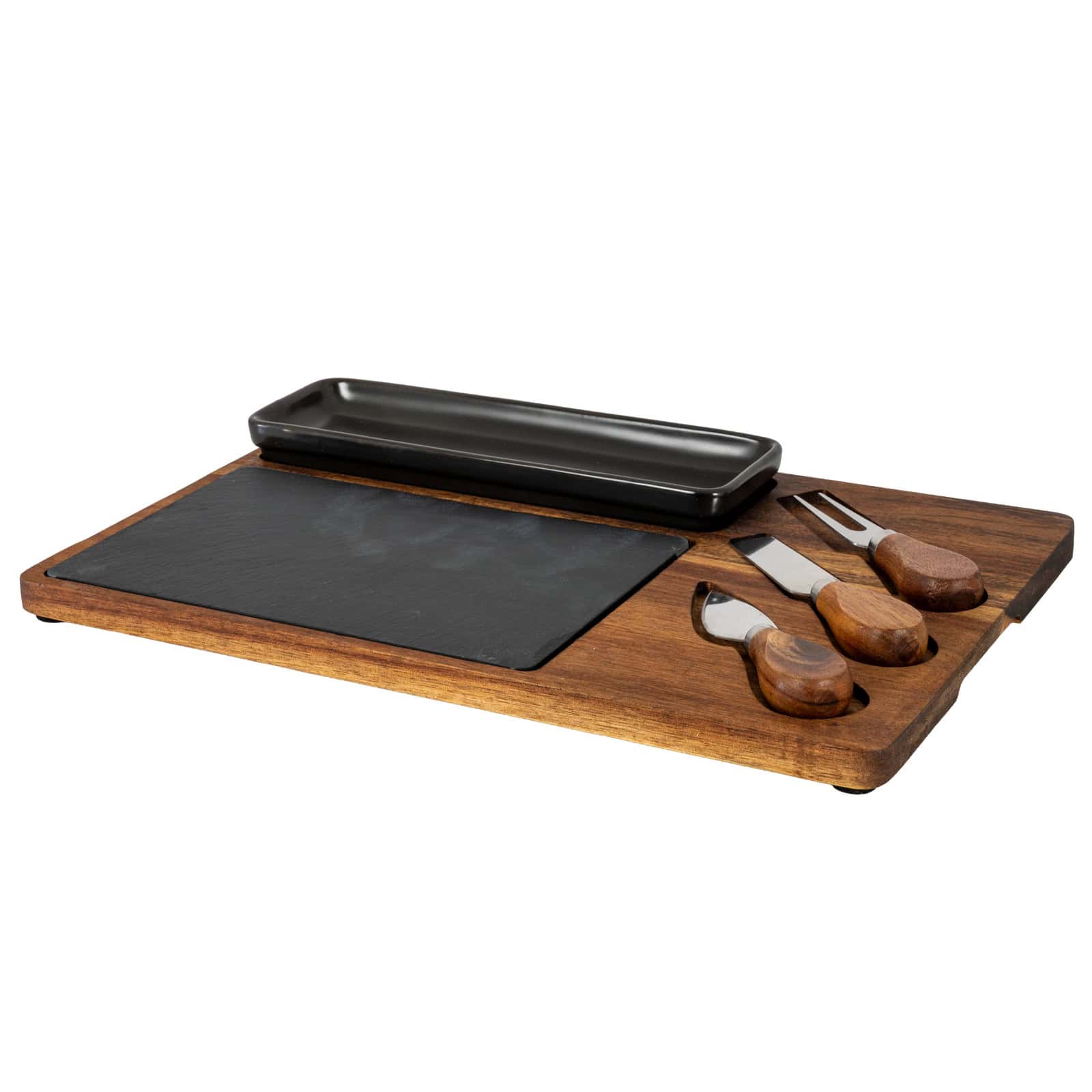 Acacia Cheese Board Set With Black Bowl, Slate and Cutlery – Colour: Brown