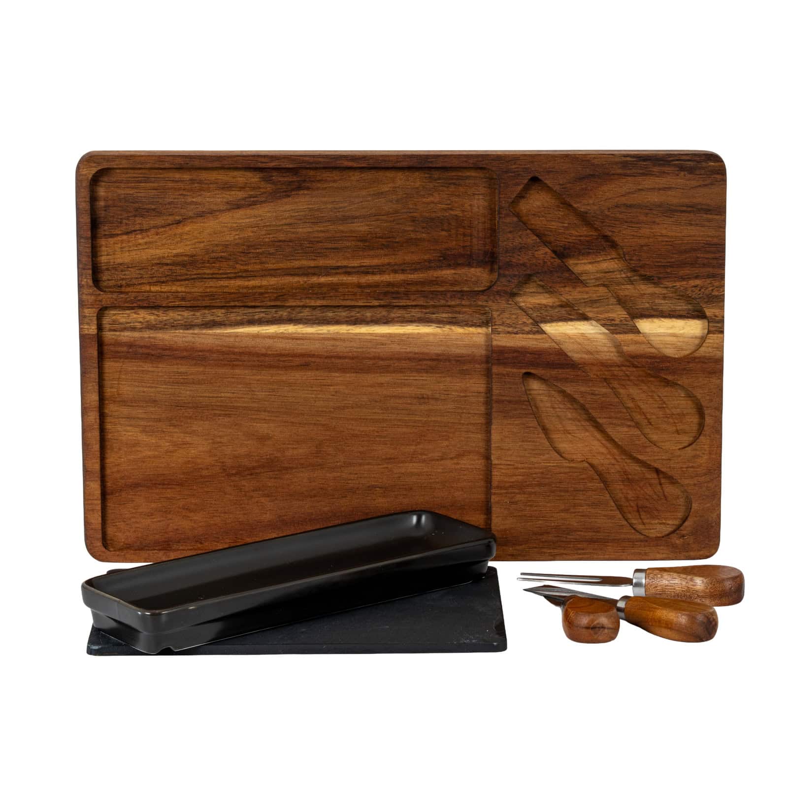 Acacia Cheese Board Set With Black Bowl, Slate and Cutlery – Material: Stone