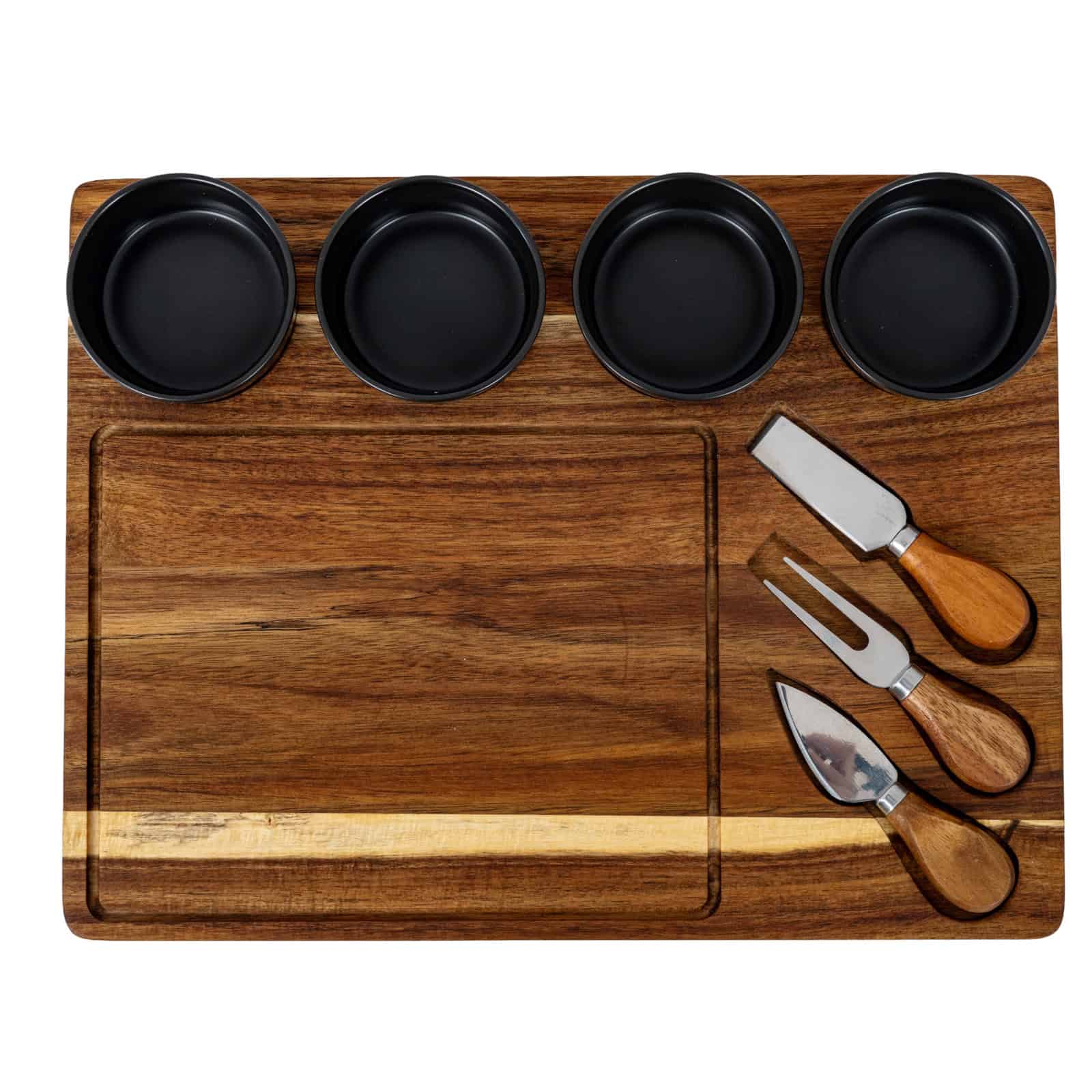 Acacia Cheese Board Set With Grey Ceramic Bowls and Cutlery