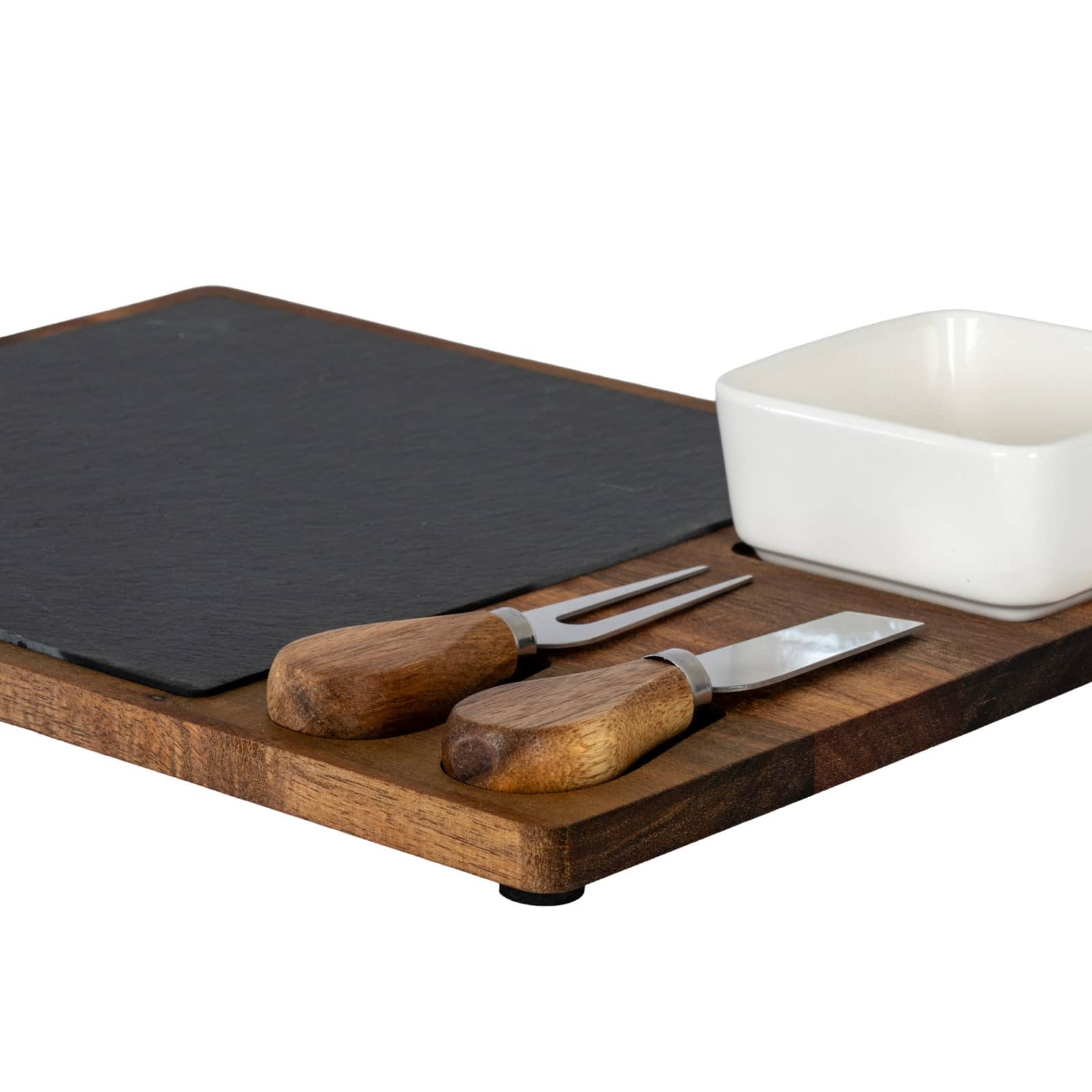 Acacia Cheese Board Set With White Bowl, Slate and Cutlery – Colour: Brown
