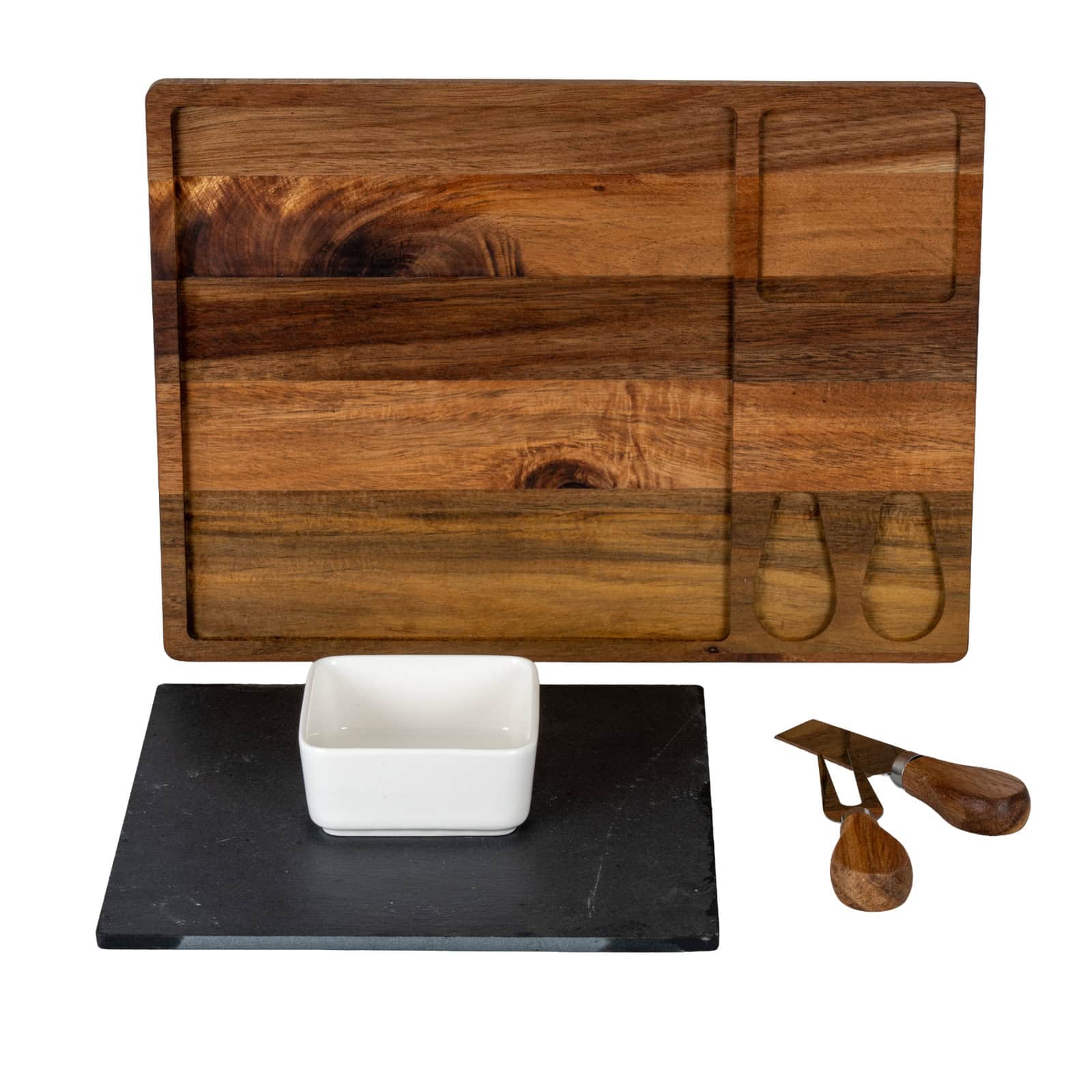 Acacia Cheese Board Set With White Bowl, Slate and Cutlery – Material: Stone