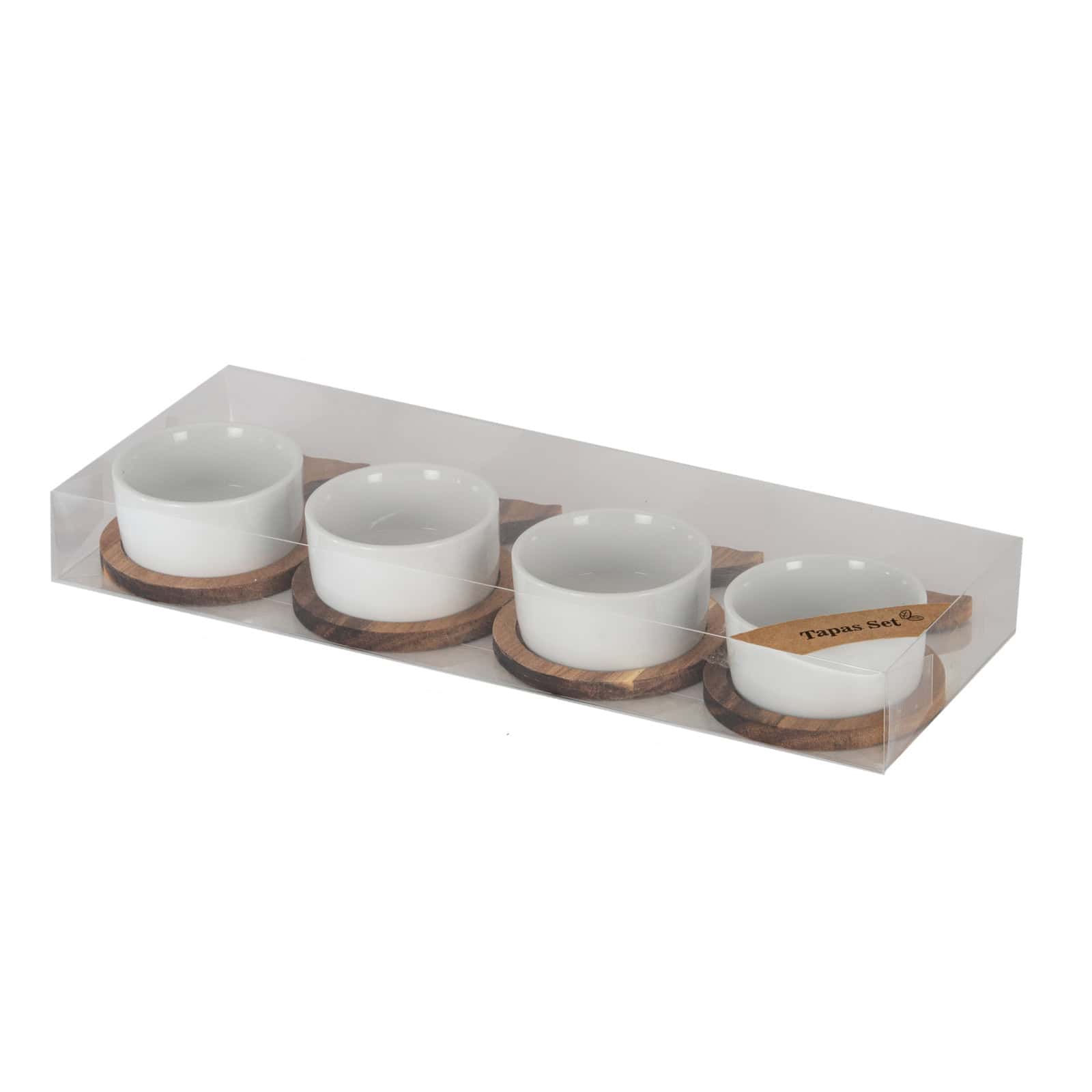 Set Of 4 Acacia Fishtail Serving Trays with Ceramic Bowls – Colour: Brown