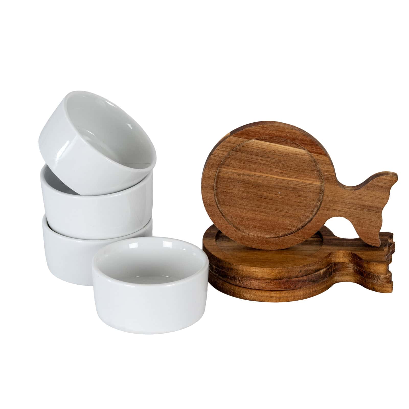 Set Of 4 Acacia Fishtail Serving Trays with Ceramic Bowls – Kitchen & Tableware