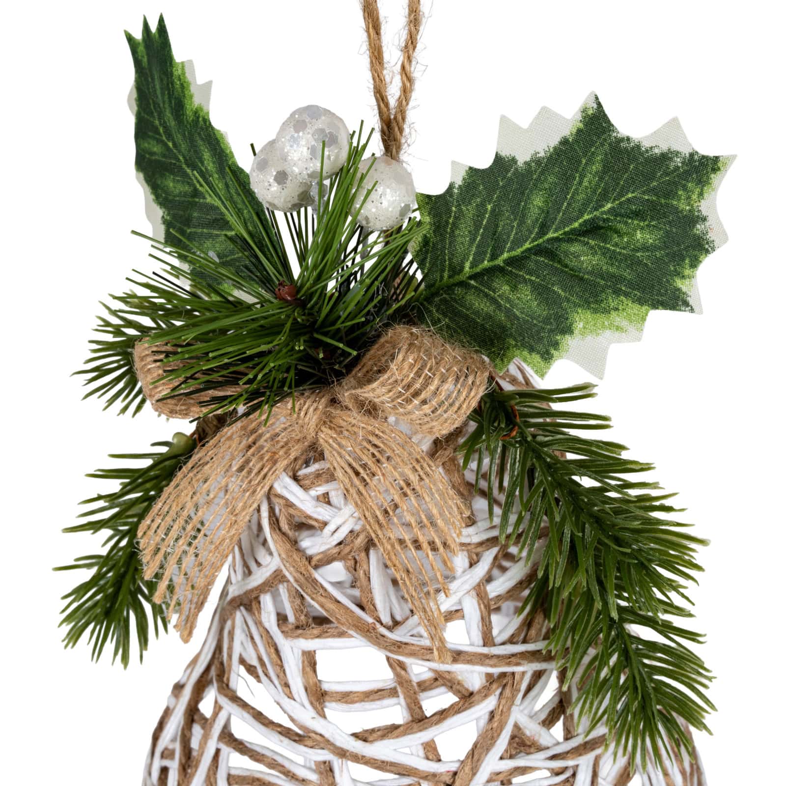 White Rattan Bell Decoration With Branches And Ribbon – Material: Plastic