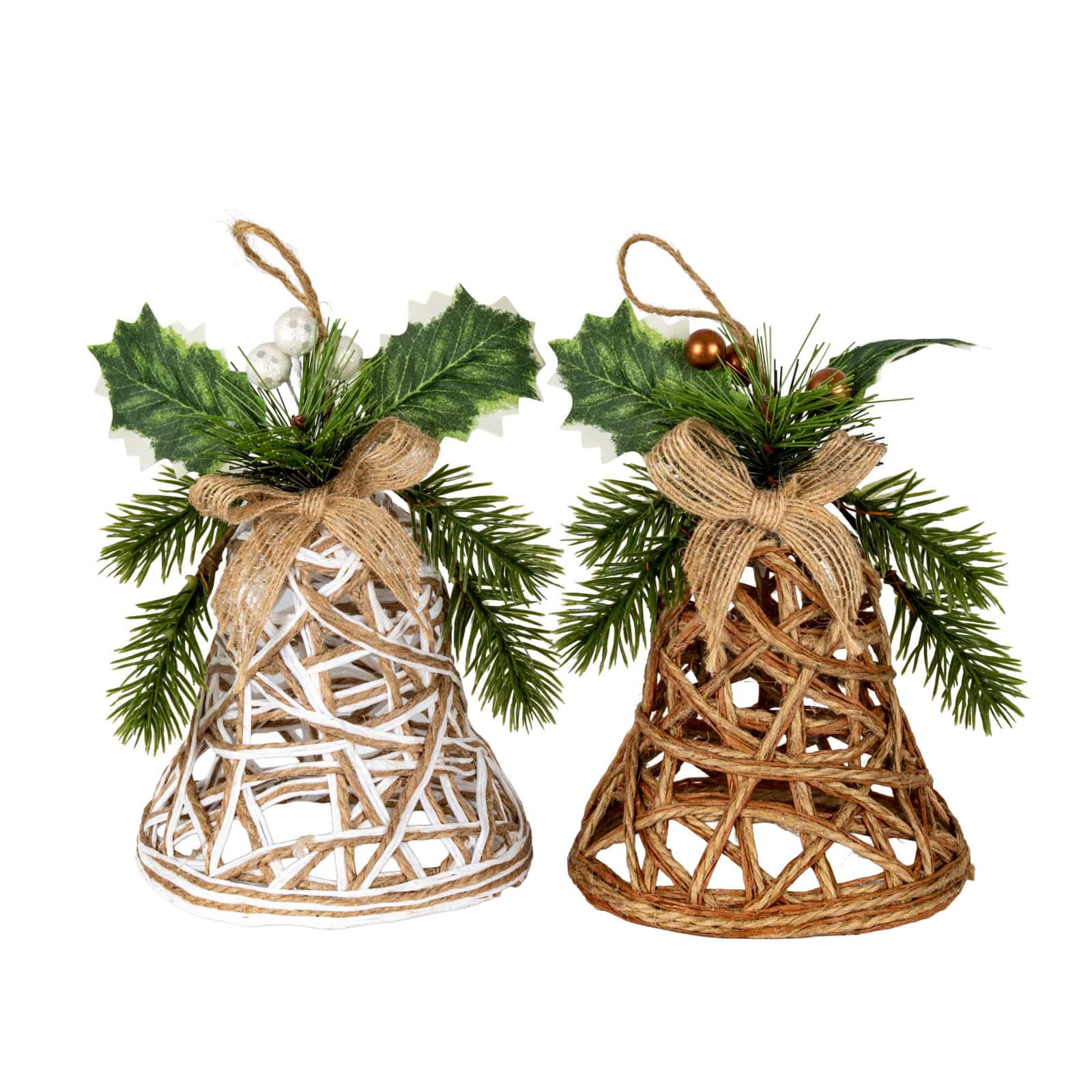 White Rattan Bell Decoration With Branches And Ribbon – Christmas Decorations