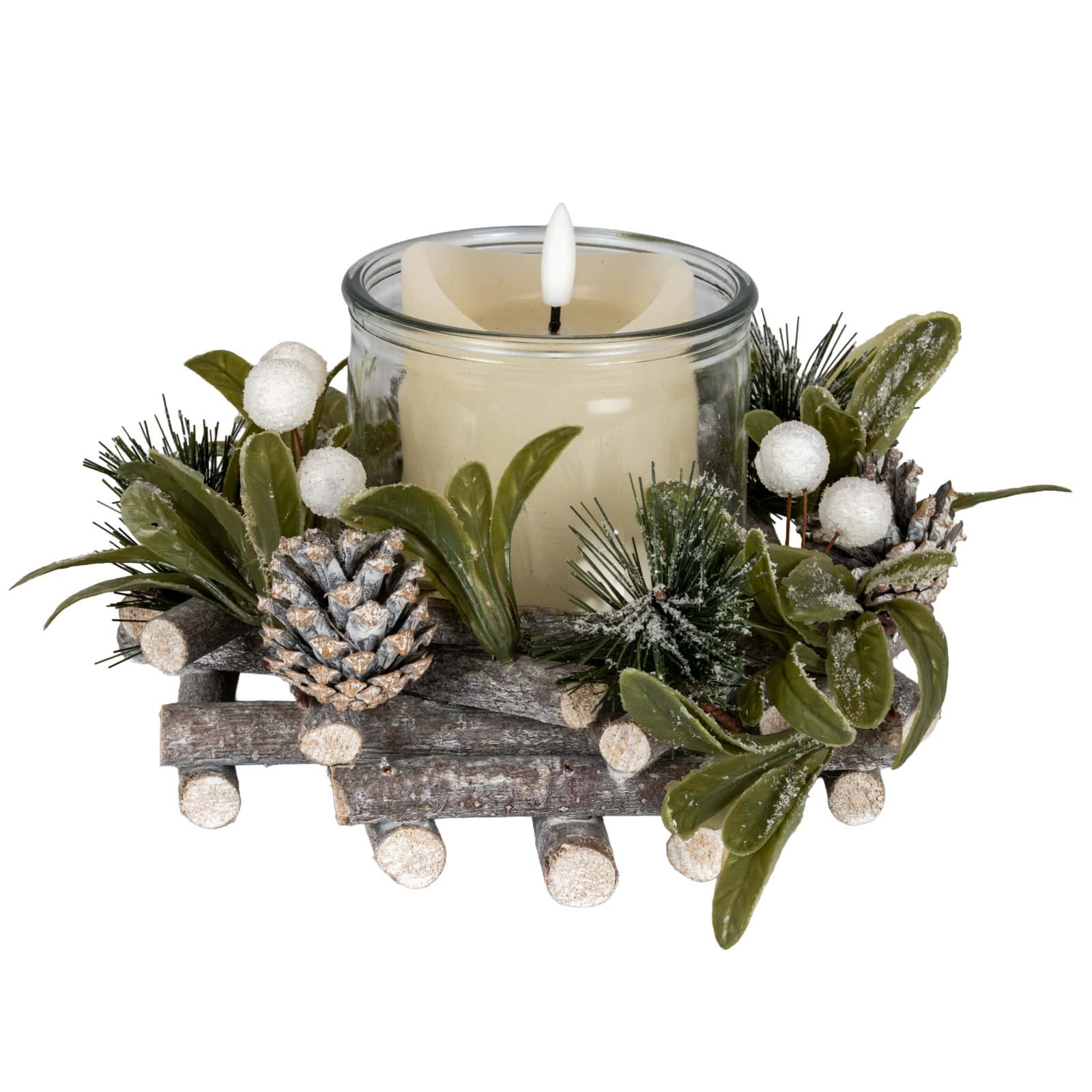 Frosted Mistletoe And Pine Candle Wreath – Colour: Green