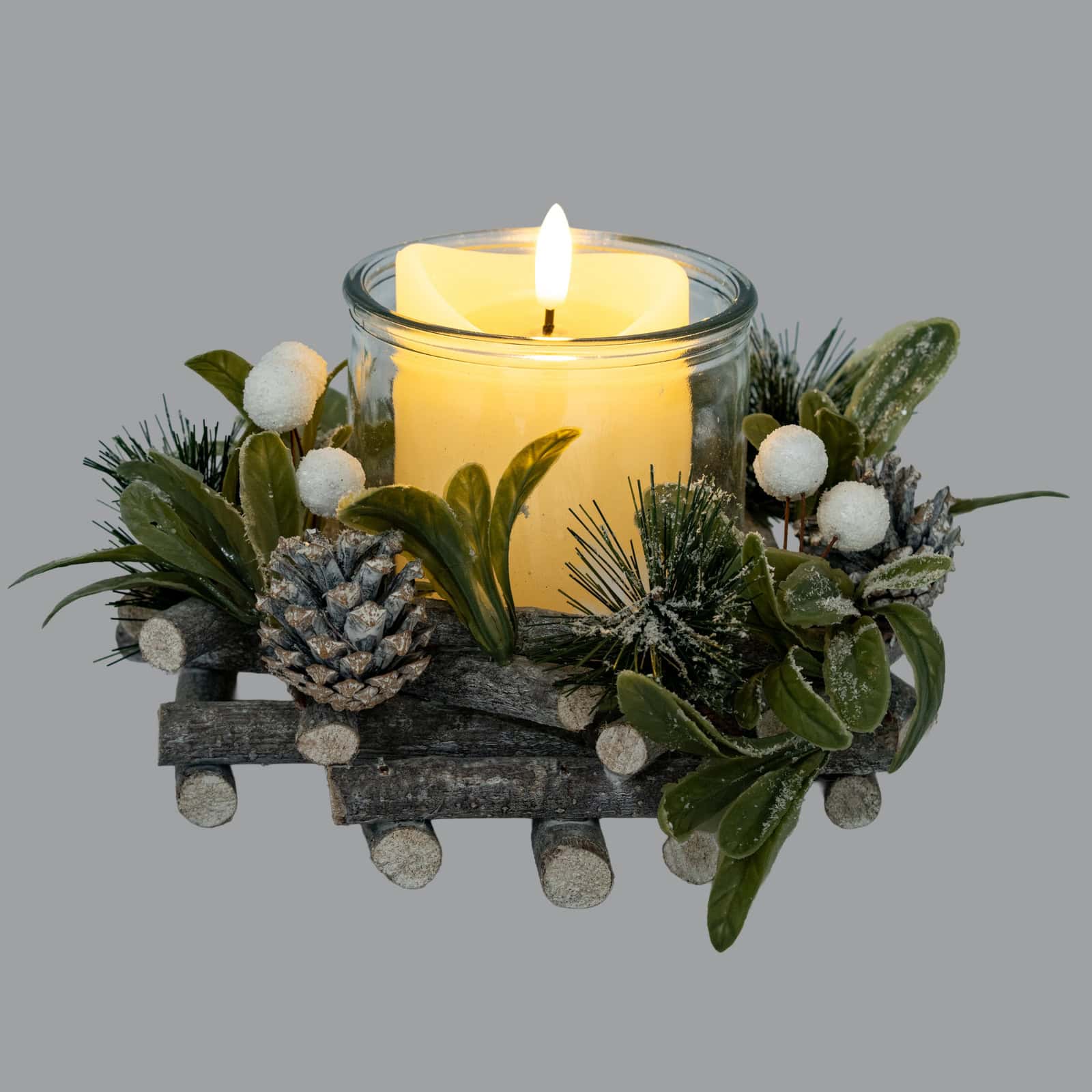Frosted Mistletoe And Pine Candle Wreath – Material: Plastic