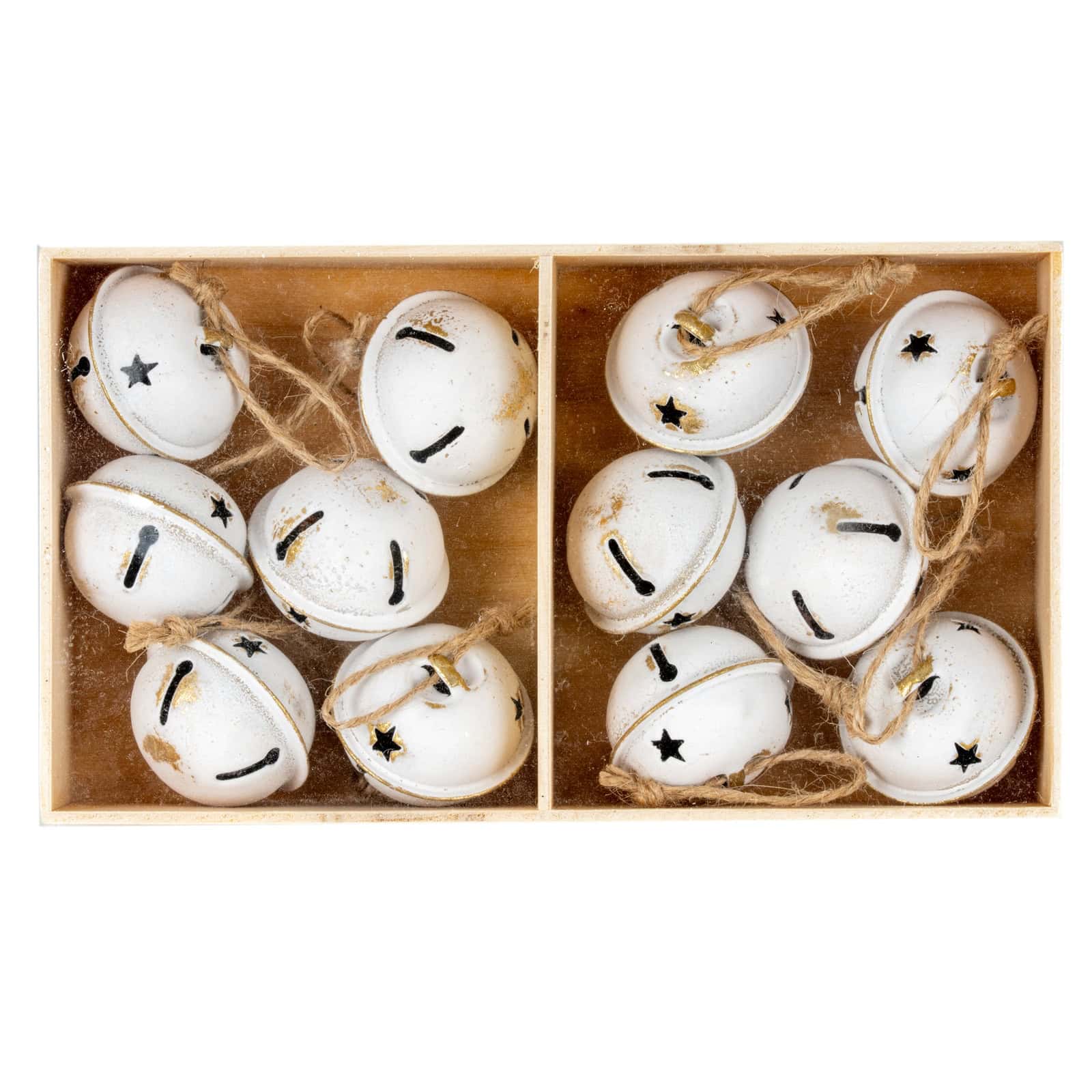 Twelve Metal Nordic Bells in Wooden Box – Christmas Decorations