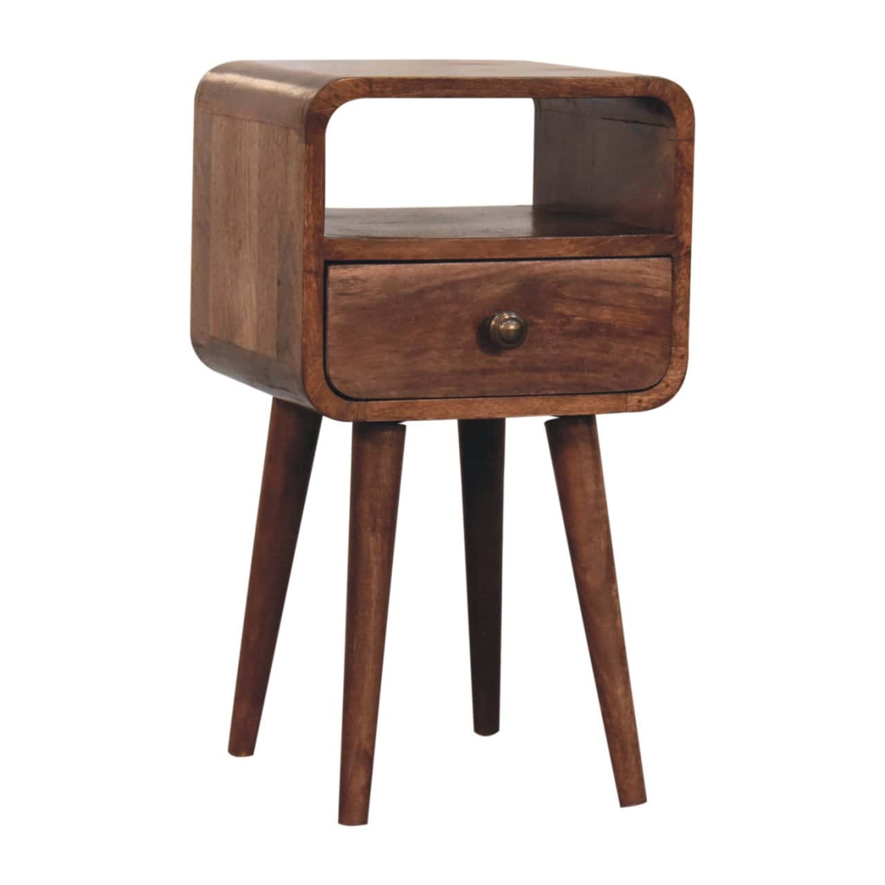 Mini Honey Caramel Curved Bedside with Open Slot – Additional view