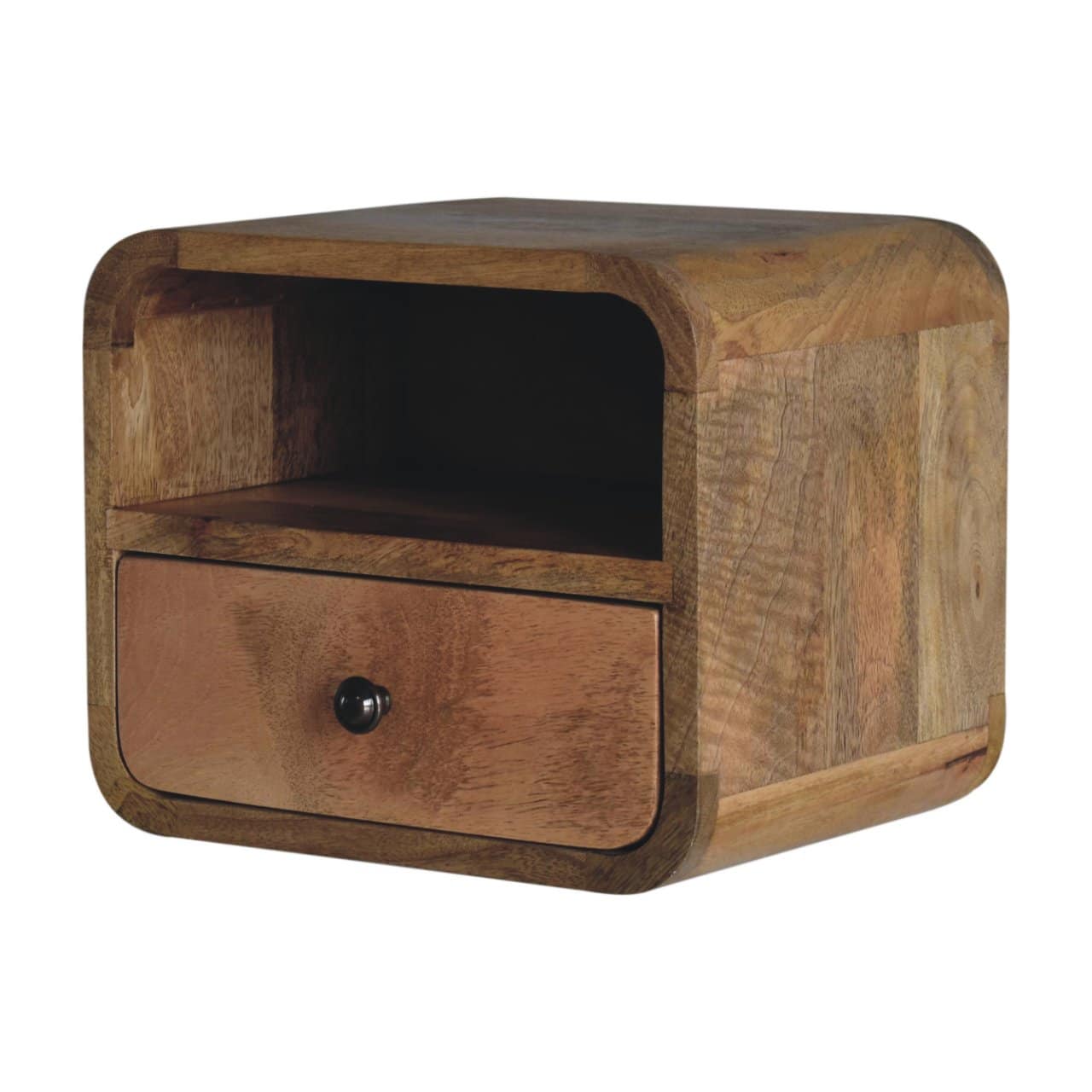 Extra Mini Wall Mounted Curved Oak-ish Bedside with Open Slot – Bedside Tables