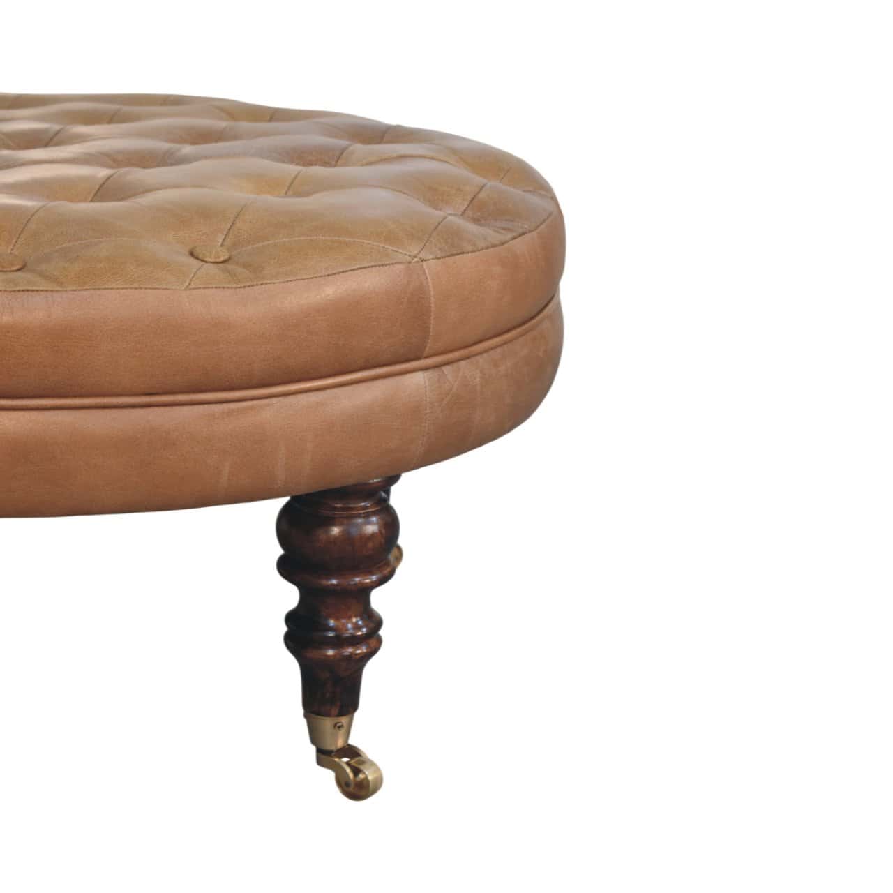 Brown Buffalo Leather Round Ottoman with Castor Legs – Ottomans