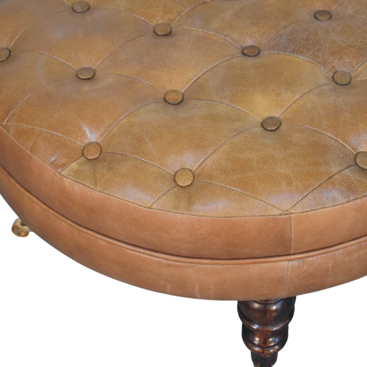 Brown Buffalo Leather Round Ottoman with Castor Legs – Additional view 2